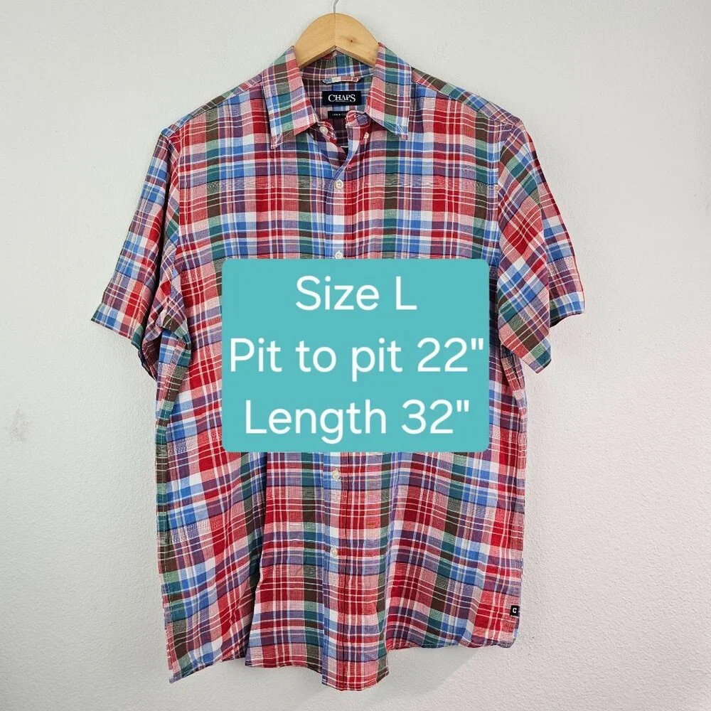 Ralph Lauren Chaps Linen Blend Colorful Plaid Shirt Mens Sz L Preppy Work Casual - Picture 5 of 9